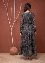 Juniper Floral Printed Dress With Sheer Sleeves & Beaded Waist Detailing - Distacart