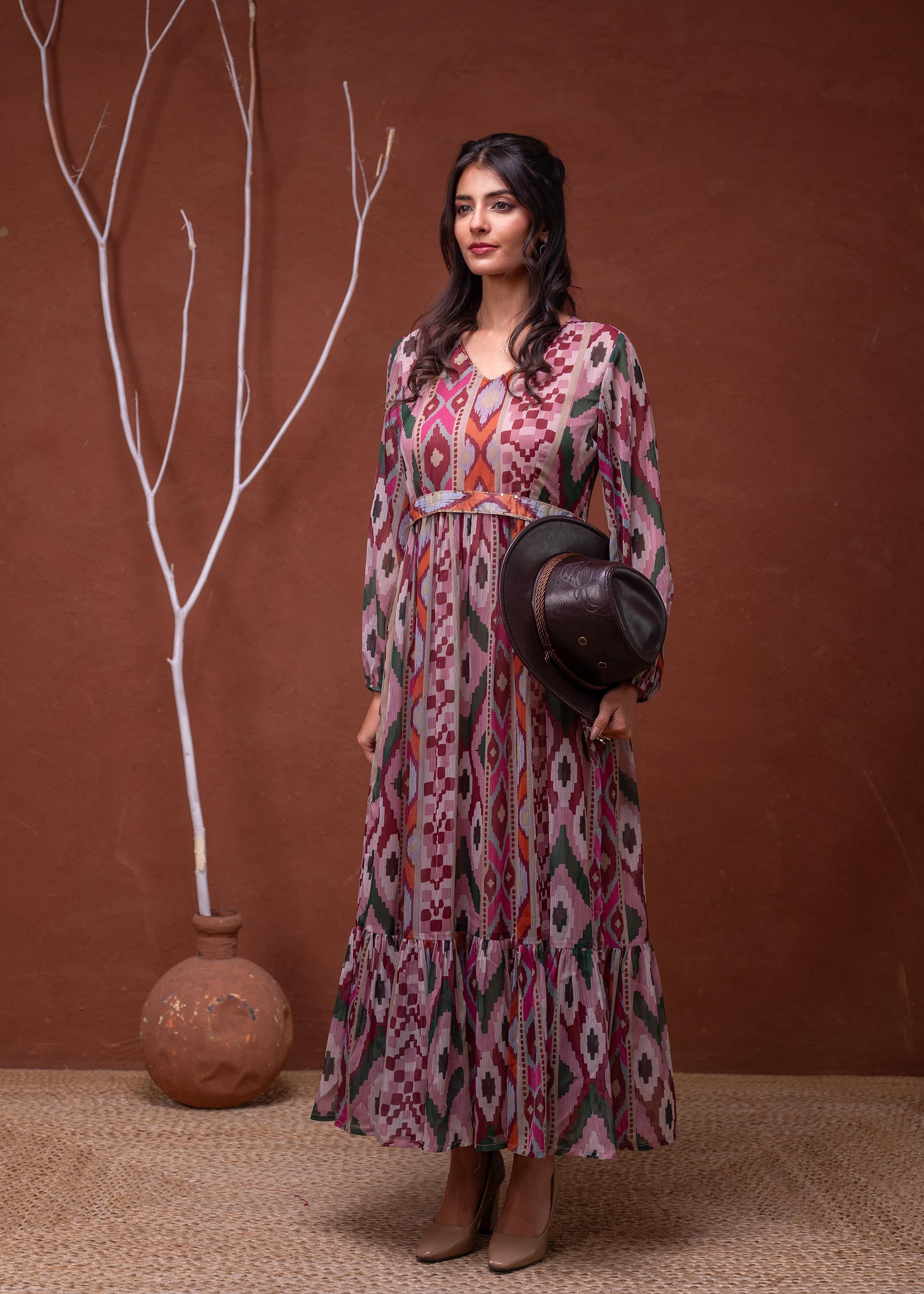 Juniper Floral Multi Printed Dress With Sheer Sleeves & Beaded Waist Detailing - Distacart
