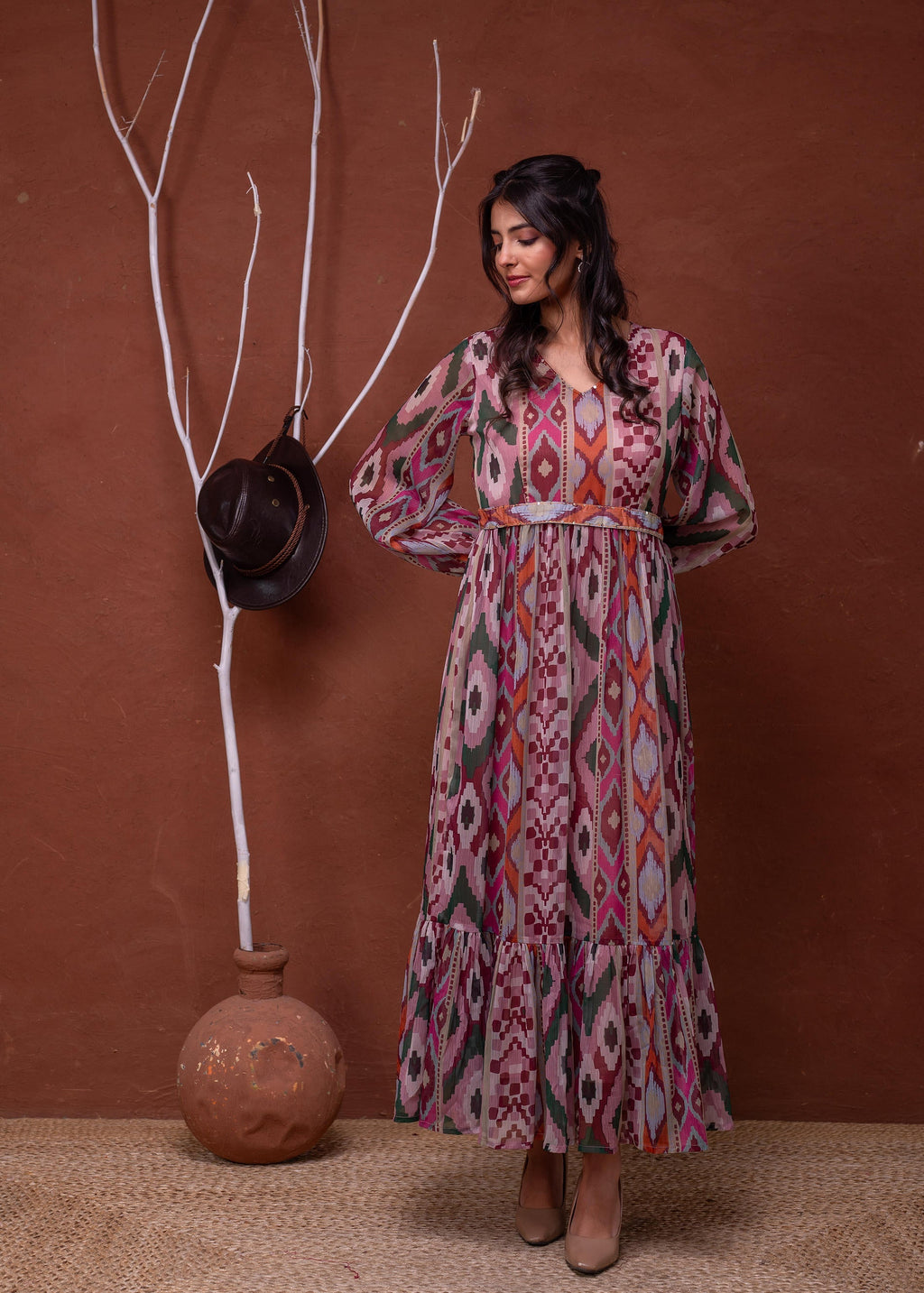 Juniper Floral Multi Printed Dress With Sheer Sleeves & Beaded Waist Detailing - Distacart