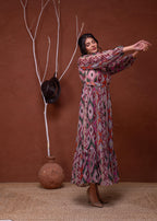 Juniper Floral Multi Printed Dress With Sheer Sleeves & Beaded Waist Detailing - Distacart