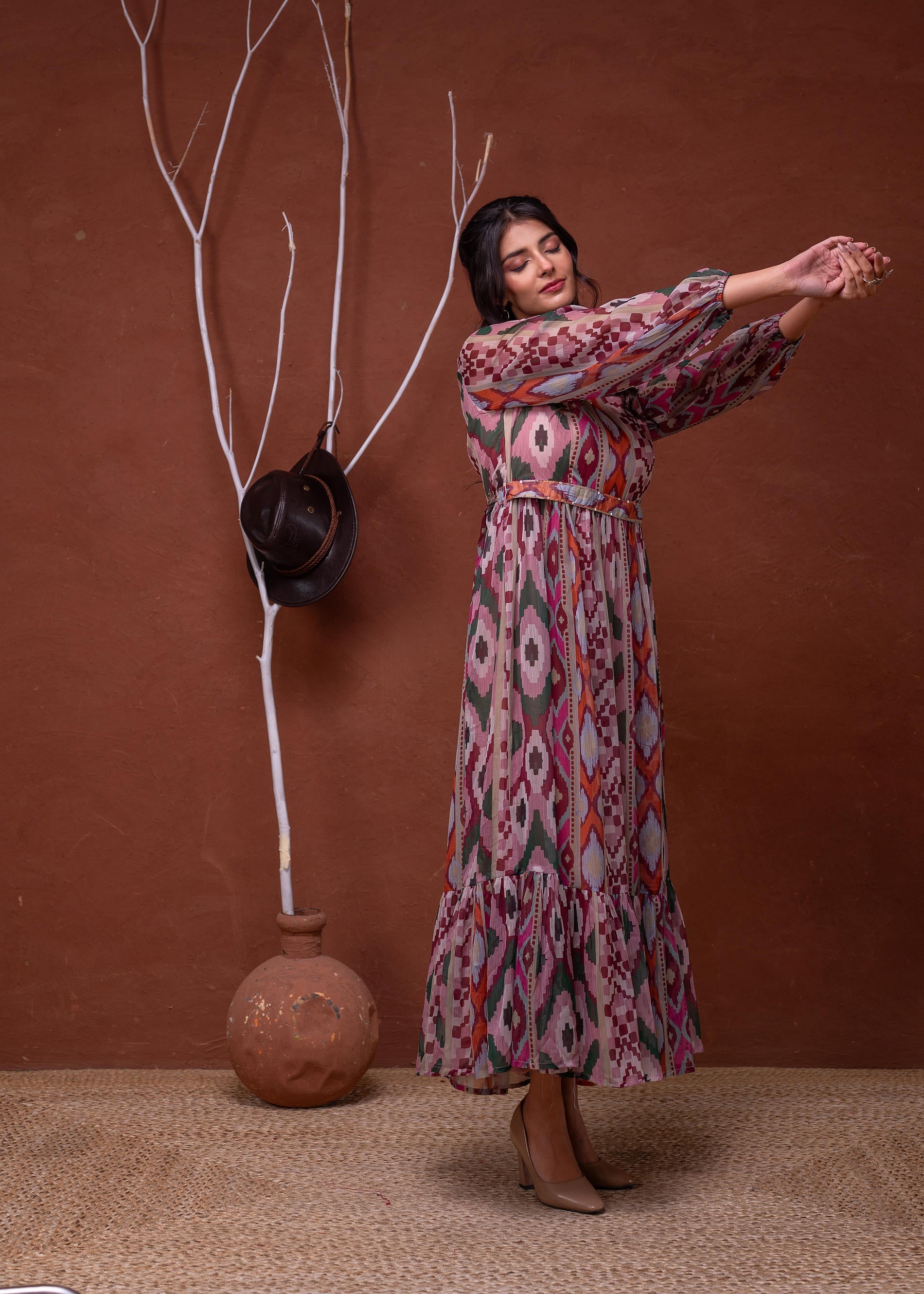 Juniper Floral Multi Printed Dress With Sheer Sleeves & Beaded Waist Detailing - Distacart