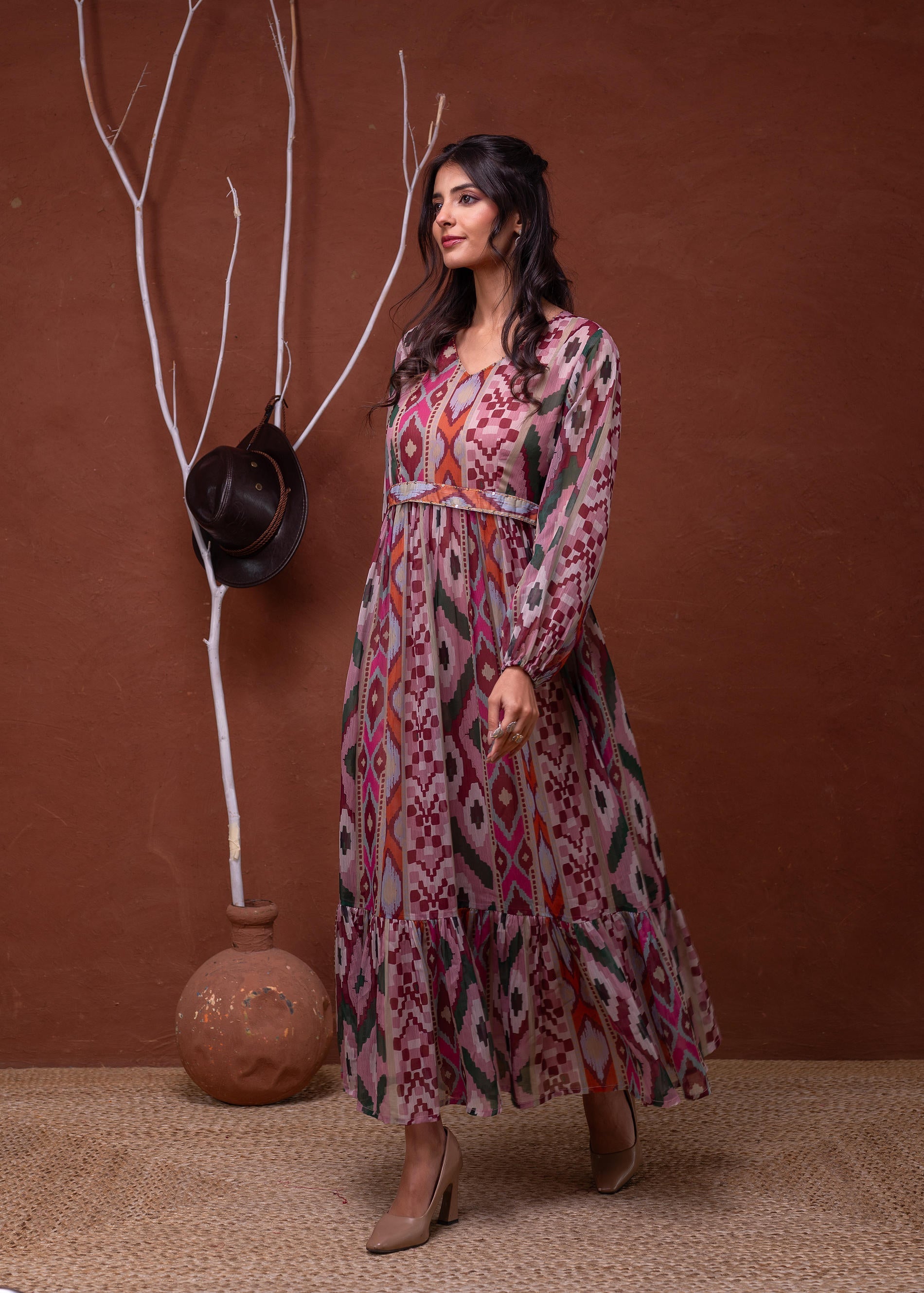 Juniper Floral Printed Pink Dress With Sheer Sleeves & Beaded Waist Detailing - Distacart