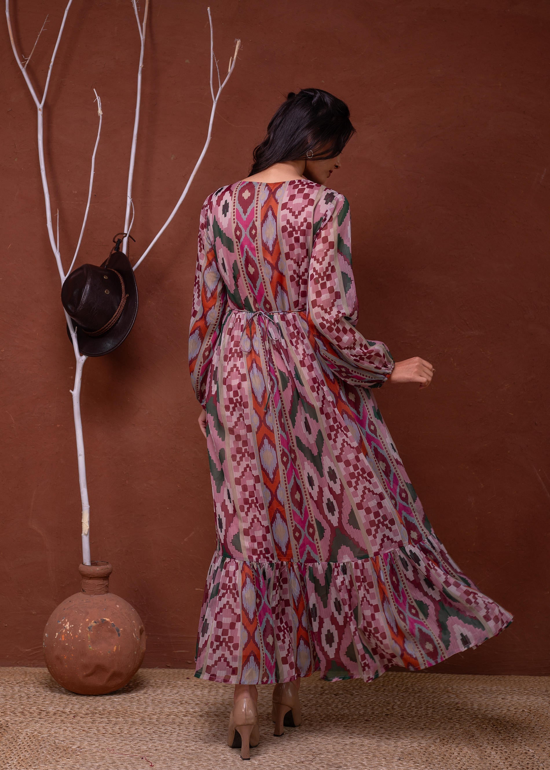 Juniper Floral Printed Pink Dress With Sheer Sleeves & Beaded Waist Detailing - Distacart