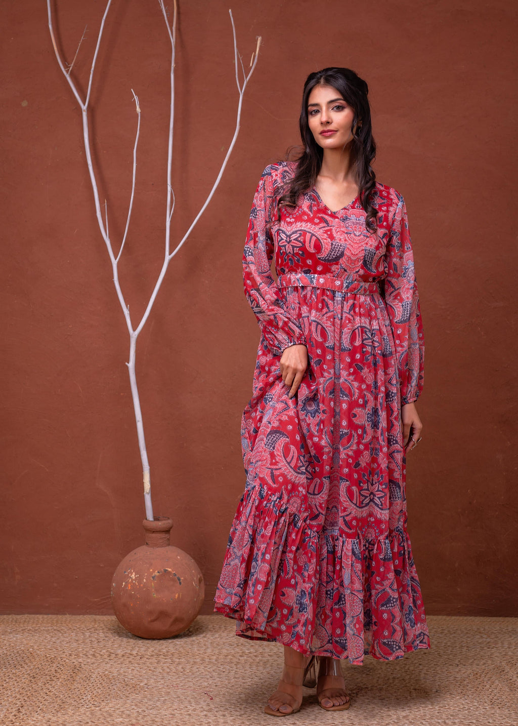 Juniper Floral Printed Red Dress With Sheer Sleeves & Beaded Waist Detailing - Distacart