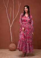 Juniper Floral Printed Red Dress With Sheer Sleeves & Beaded Waist Detailing - Distacart