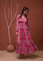 Juniper Floral Printed Red Dress With Sheer Sleeves & Beaded Waist Detailing - Distacart