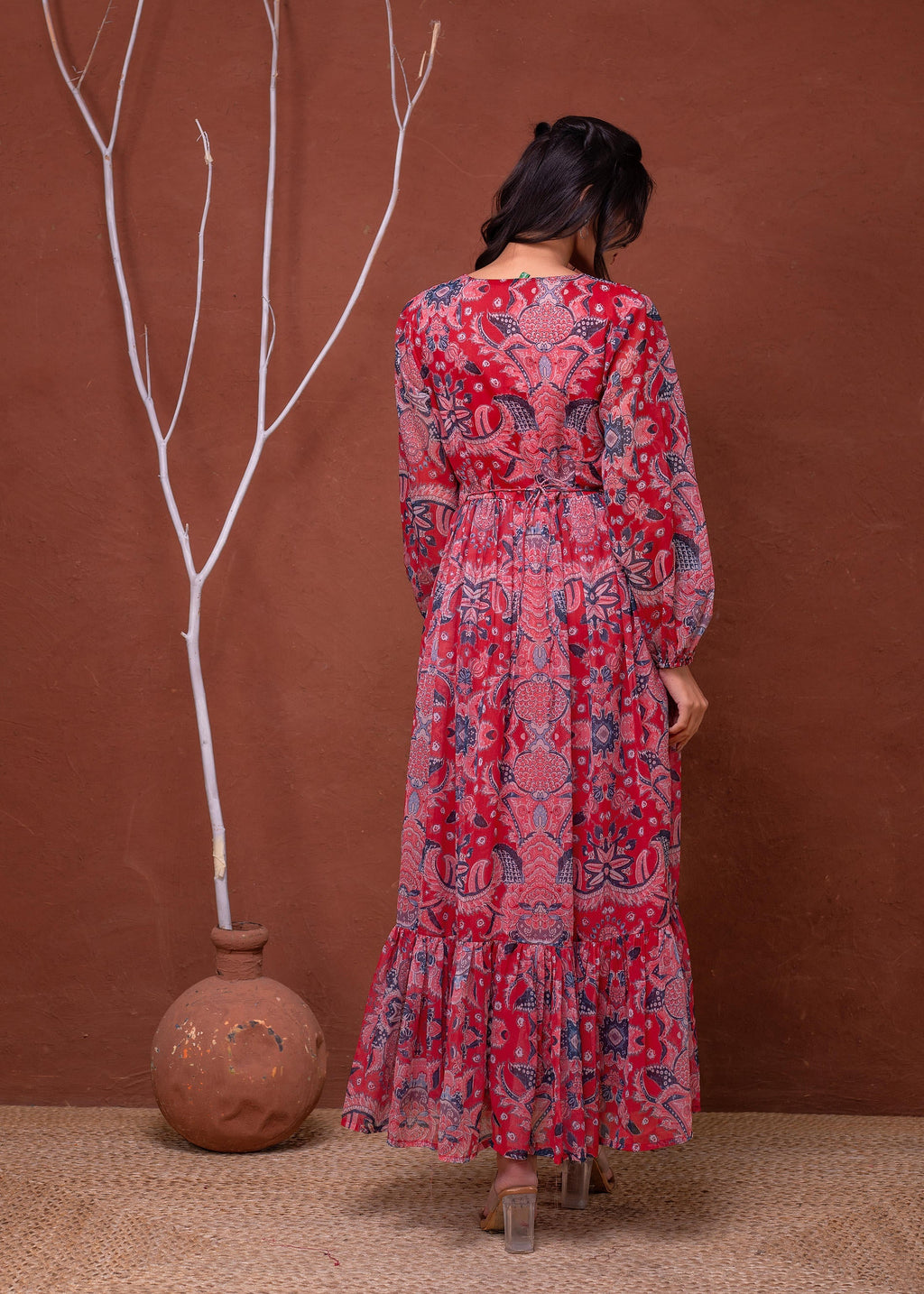 Juniper Floral Printed Red Dress With Sheer Sleeves & Beaded Waist Detailing - Distacart