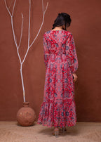 Juniper Floral Red Printed Dress With Sheer Sleeves & Beaded Waist Detailing - Distacart