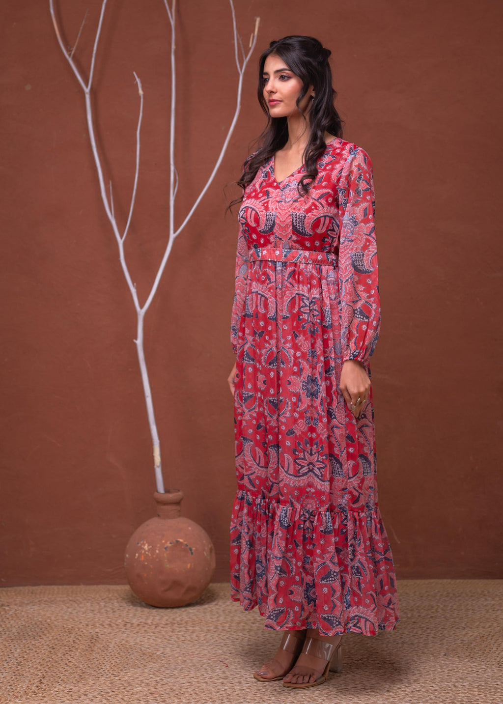 Juniper Floral Printed Red Dress With Sheer Sleeves & Beaded Waist Detailing - Distacart