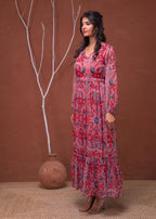 Juniper Floral Red Printed Dress With Sheer Sleeves & Beaded Waist Detailing - Distacart