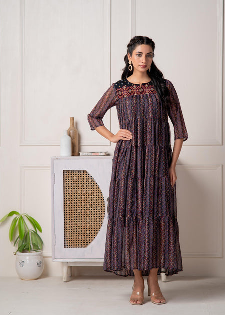 Juniper Blue Printed Tiered Dress With Detailed Yoke