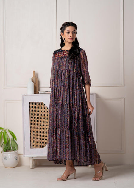 Juniper Blue Printed Tiered Dress With Detailed Yoke