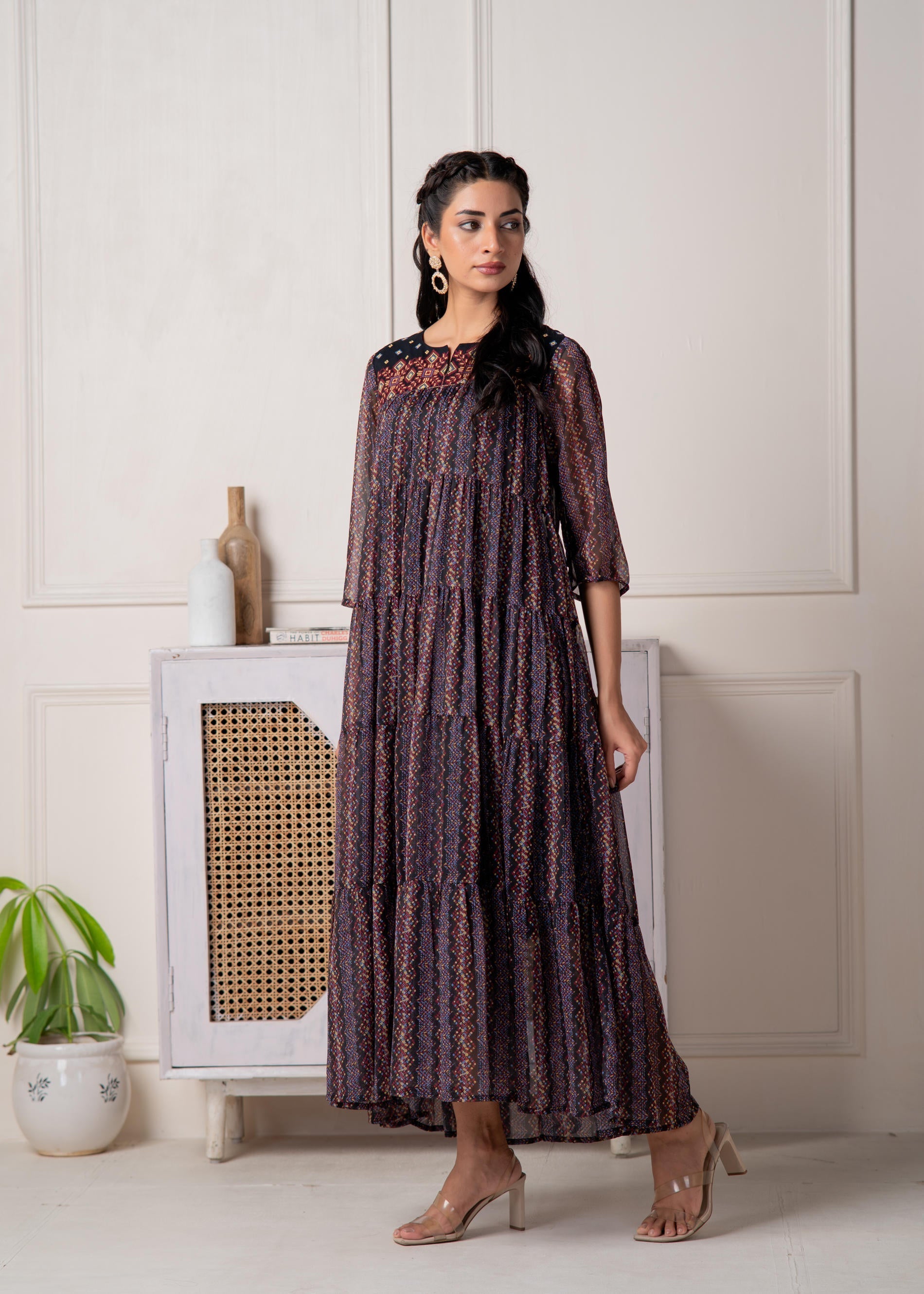 Juniper Blue Printed Tiered Dress With Detailed Yoke - Distacart