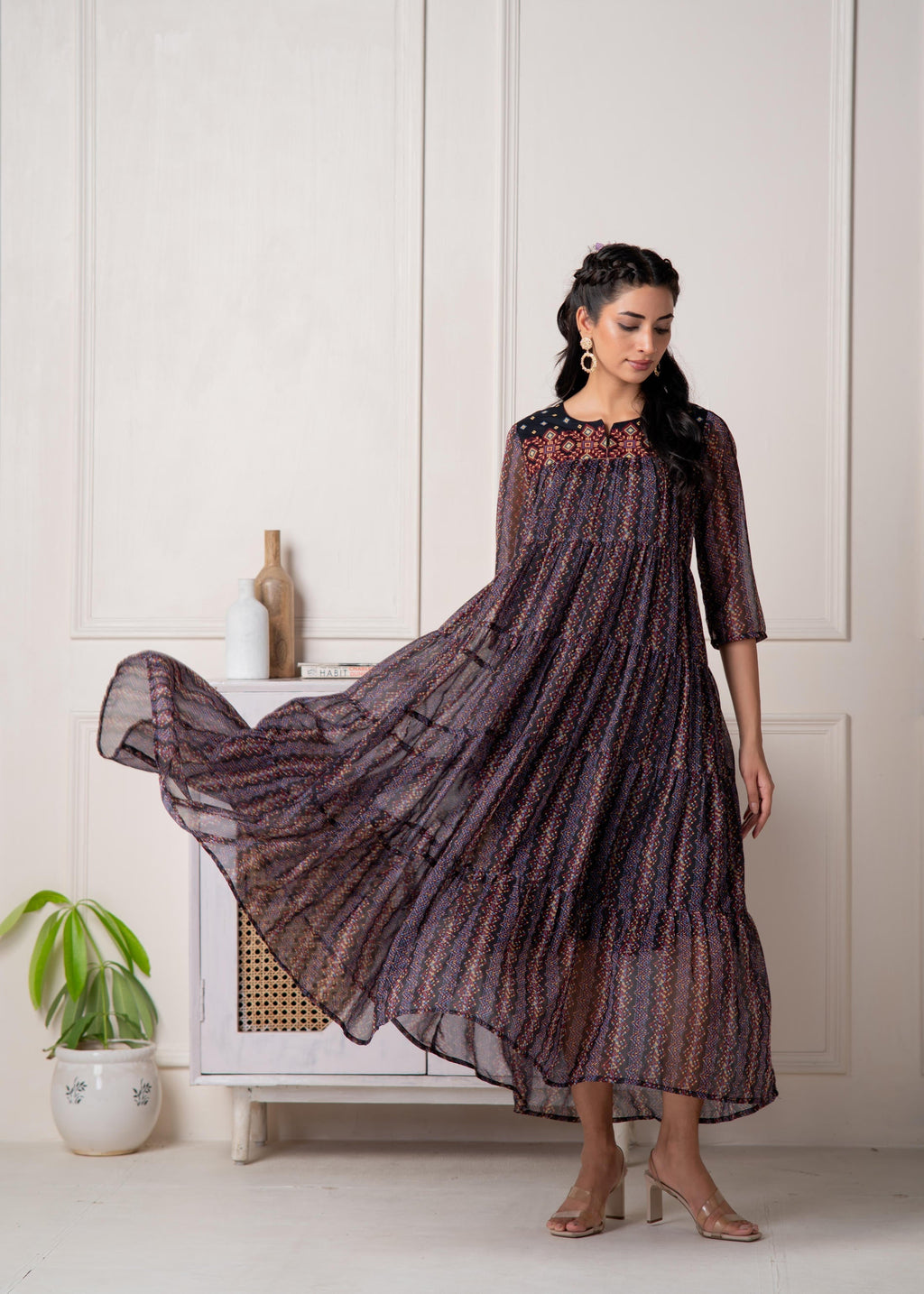 Juniper Blue Printed Tiered Dress With Detailed Yoke - Distacart