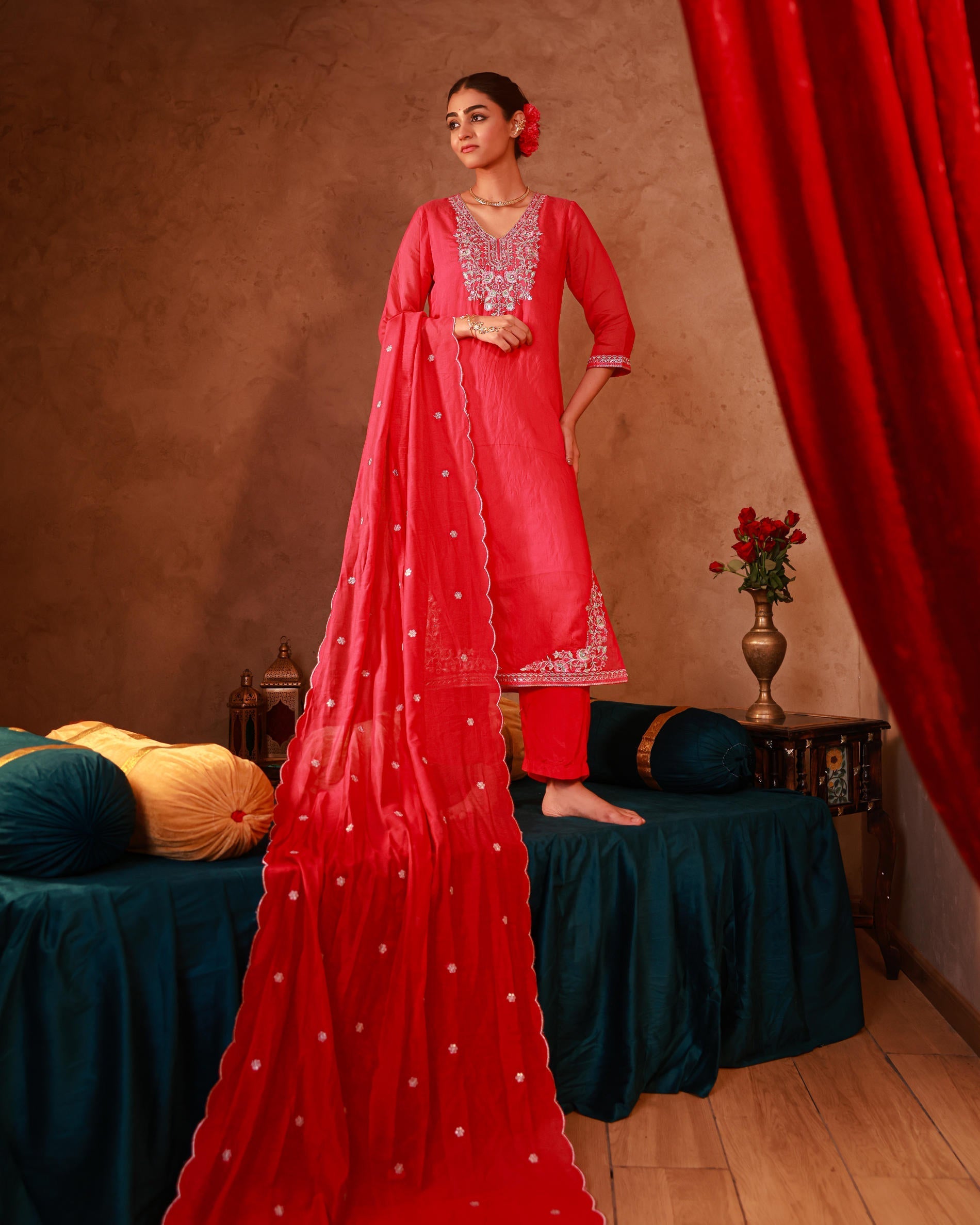 Juniper Fuchsia Viscose Straight Kurta With Pants & Dupatta Set With Thread & Zari Work - Distacart