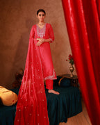 Juniper Fuchsia Viscose Straight Kurta With Pants & Dupatta Set With Thread & Zari Work - Distacart