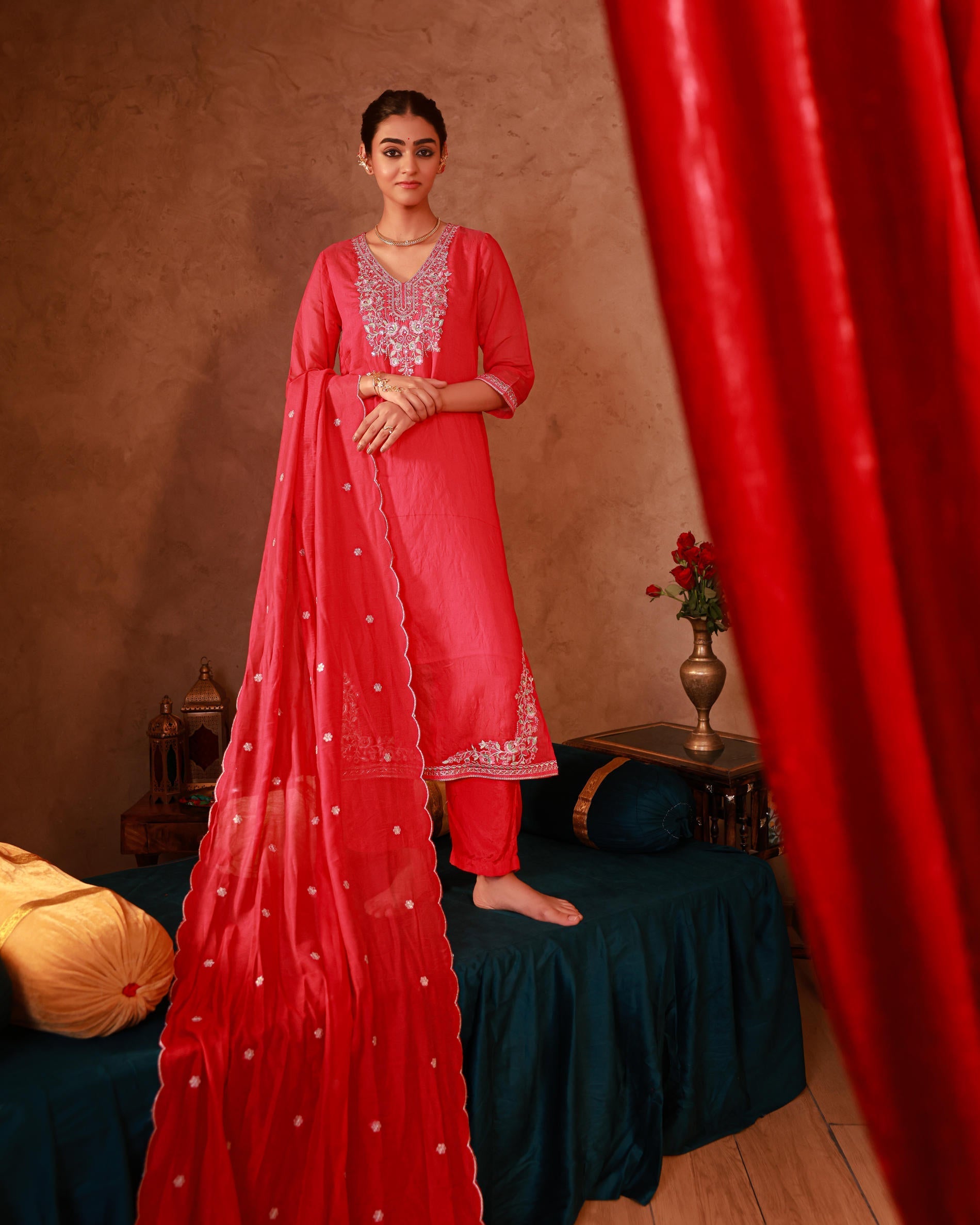 Juniper Fuchsia Viscose Straight Kurta With Pants & Dupatta Set With Thread & Zari Work - Distacart