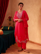 Juniper Fuchsia Viscose Straight Kurta With Pants & Dupatta Set With Thread & Zari Work - Distacart
