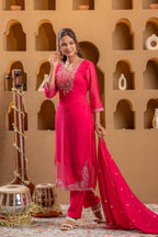 Juniper Fuchsia Viscose Straight Kurta With Pants & Dupatta Set With Thread & Zari Work - Distacart