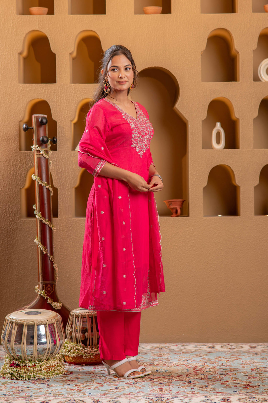 Juniper Fuchsia Viscose Straight Kurta With Pants & Dupatta Set With Thread & Zari Work - Distacart