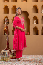 Juniper Fuchsia Viscose Straight Kurta With Pants & Dupatta Set With Thread & Zari Work - Distacart