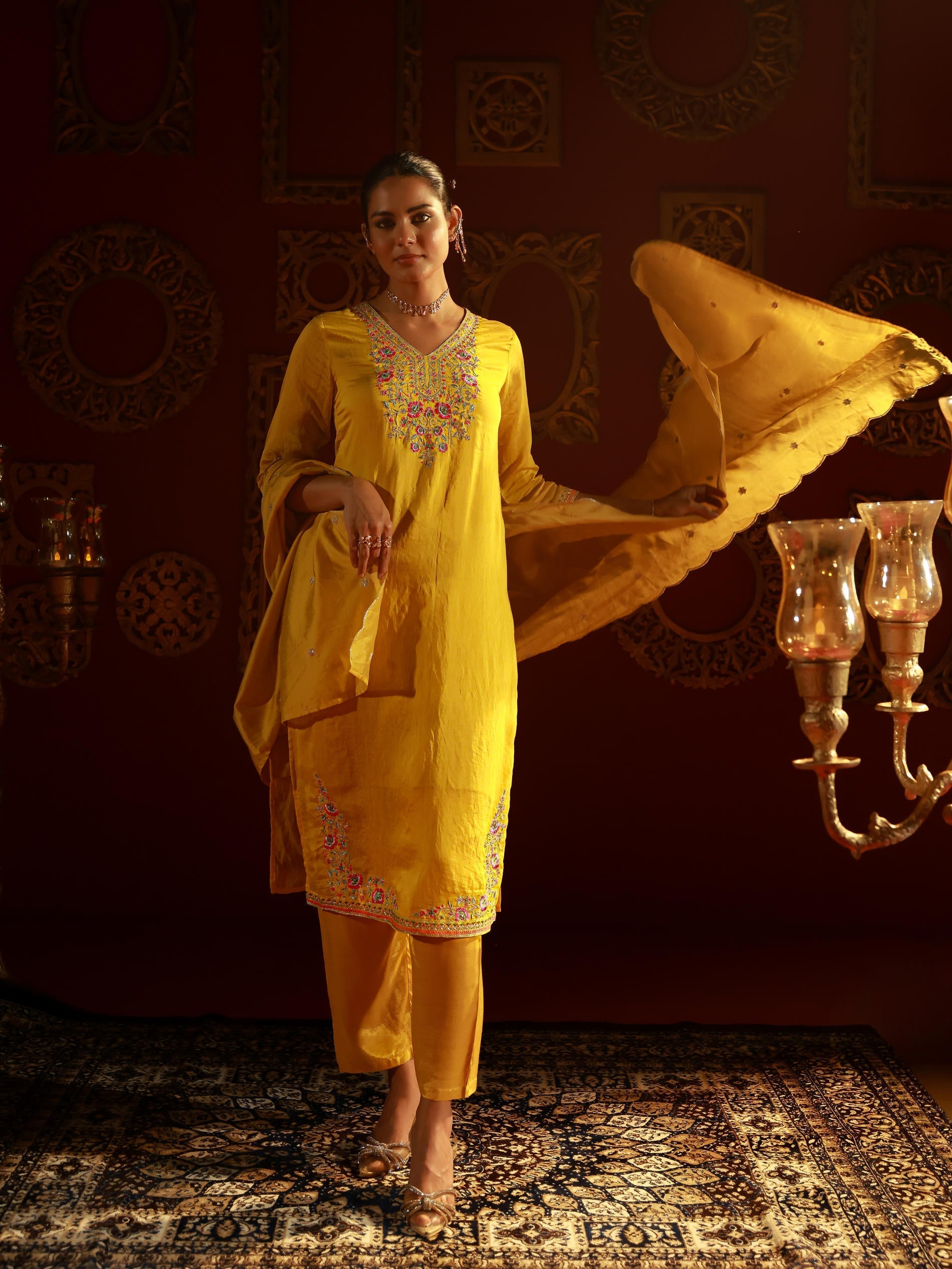 Juniper Mustard Viscose Kurta With Pants & Dupatta Set With Thread & Zari Work - Distacart