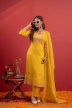 Juniper Mustard Viscose Kurta With Pants & Dupatta Set With Thread & Zari Work - Distacart