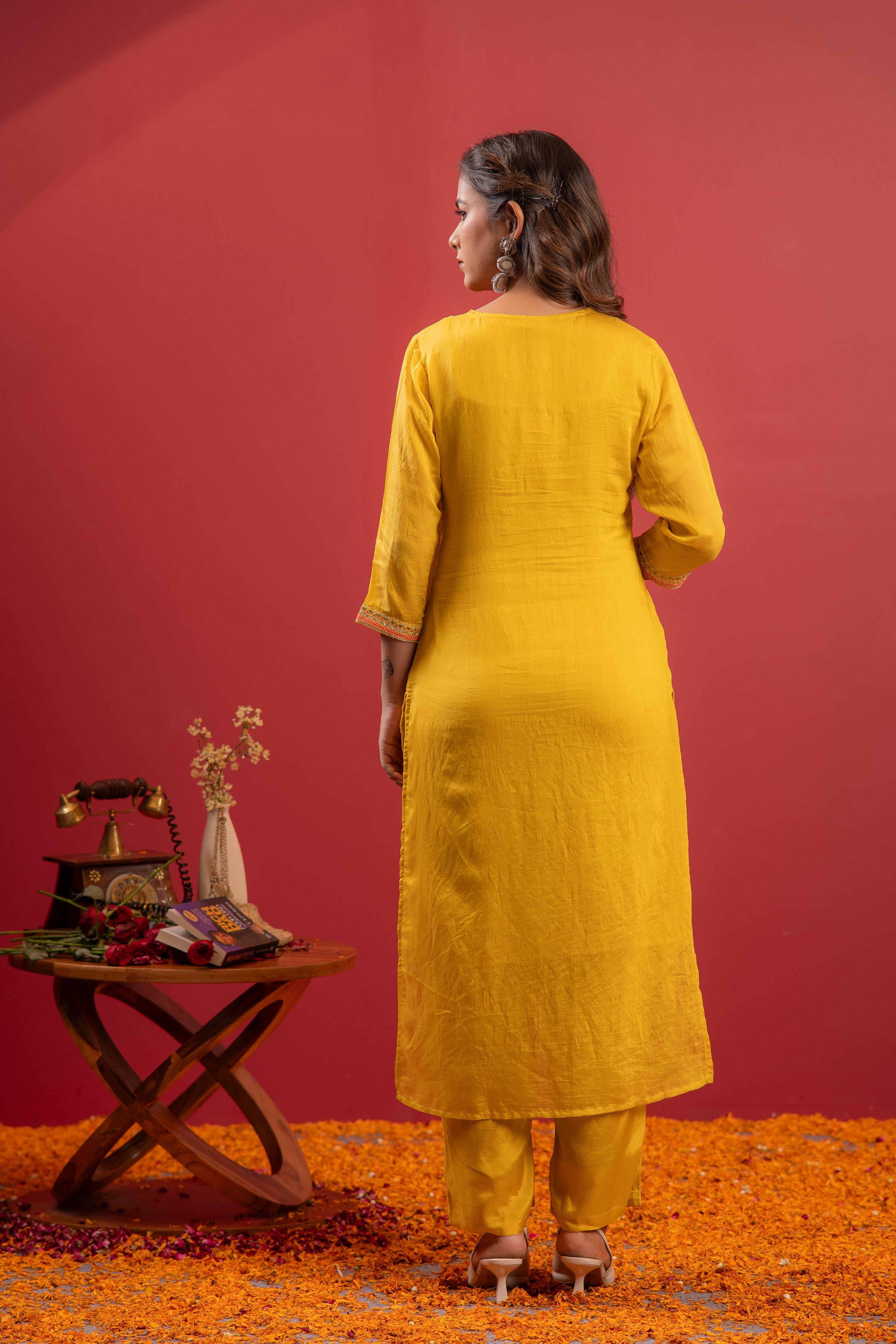Juniper Mustard Viscose Kurta With Pants & Dupatta Set With Thread & Zari Work - Distacart