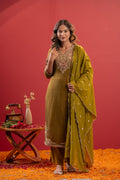 Juniper Festive Olive Green Floral Embroidered Kurta Set With Dupatta - Distacart