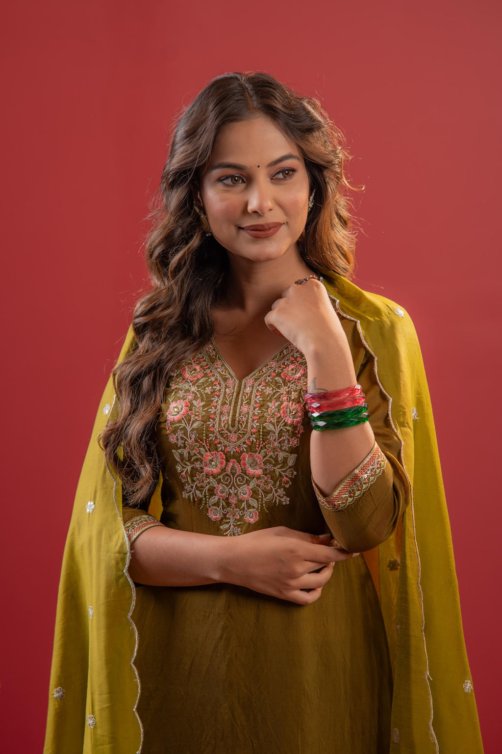 Juniper Festive Olive Green Floral Embroidered Kurta Set With Dupatta - Distacart