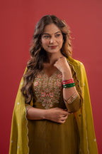 Juniper Festive Olive Green Floral Embroidered Kurta Set With Dupatta - Distacart