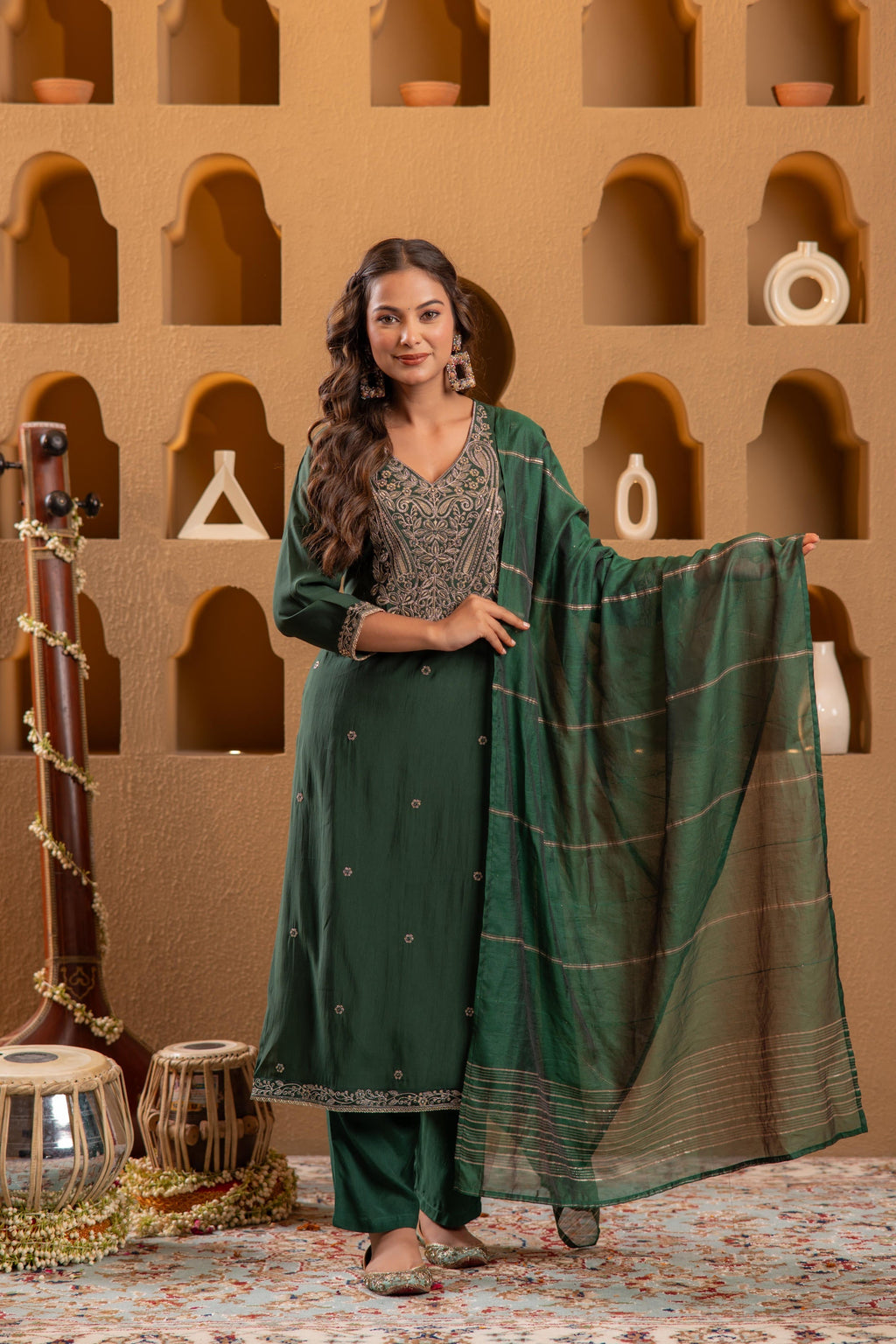 Juniper Bottle Green Viscose Straight Kurta With Pants & Dupatta Set With Zari & Sequence Work - Distacart