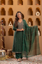 Juniper Bottle Green Viscose Straight Kurta With Pants & Dupatta Set With Zari & Sequence Work - Distacart