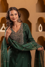 Juniper Bottle Green Viscose Straight Kurta With Pants & Dupatta Set With Zari & Sequence Work - Distacart