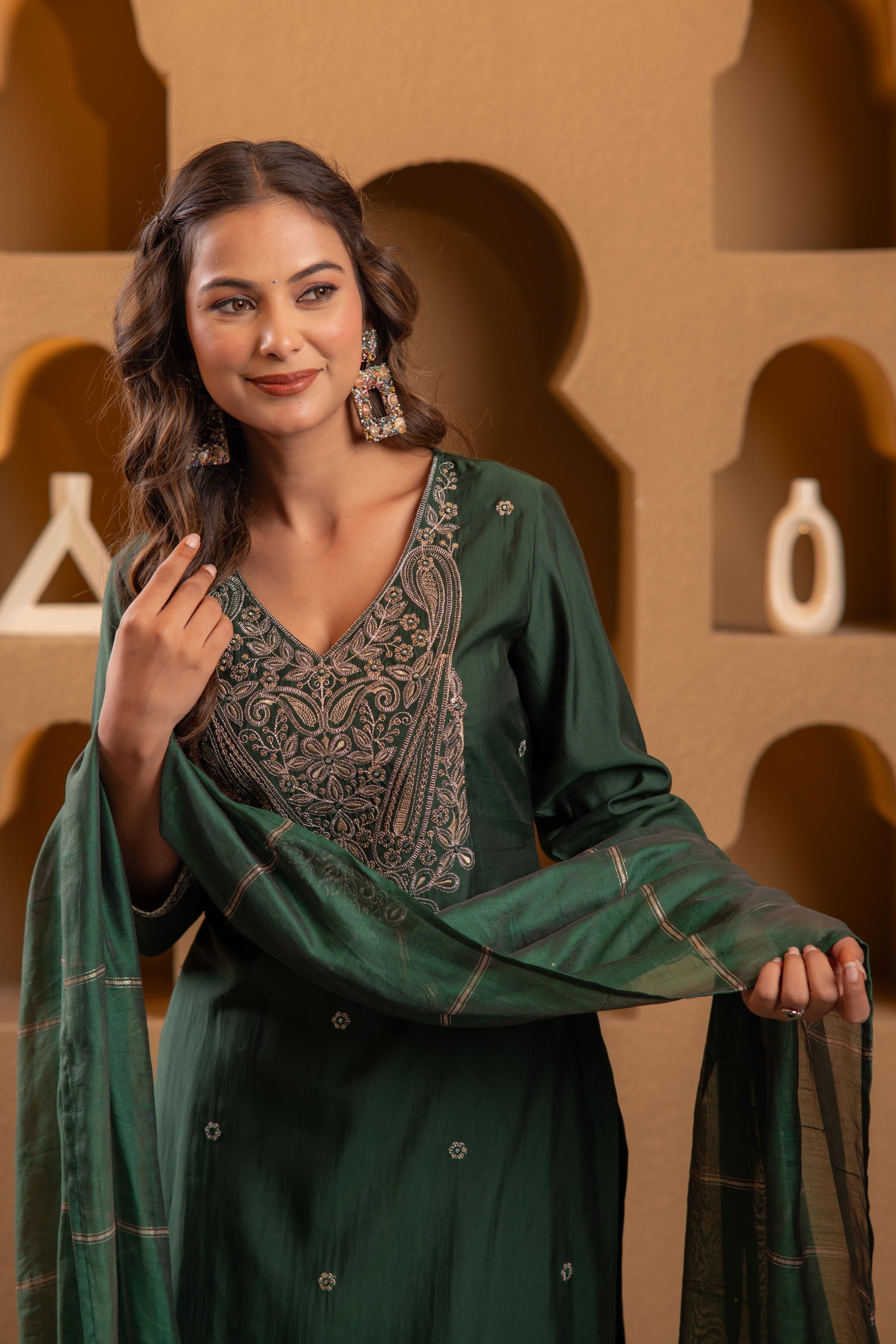 Juniper Bottle Green Viscose Straight Kurta With Pants & Dupatta Set With Zari & Sequence Work - Distacart
