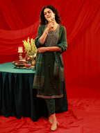 Juniper Bottle Green Viscose Straight Kurta With Pants & Dupatta Set With Zari & Sequence Work - Distacart