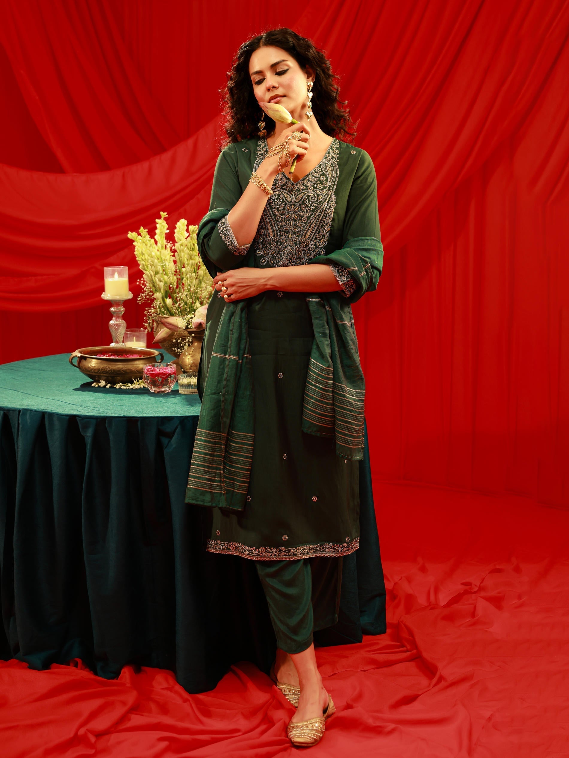 Juniper Bottle Green Viscose Straight Kurta With Pants & Dupatta Set With Zari & Sequence Work - Distacart