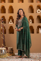 Juniper Bottle Green Viscose Straight Kurta With Pants & Dupatta Set With Zari & Sequence Work - Distacart