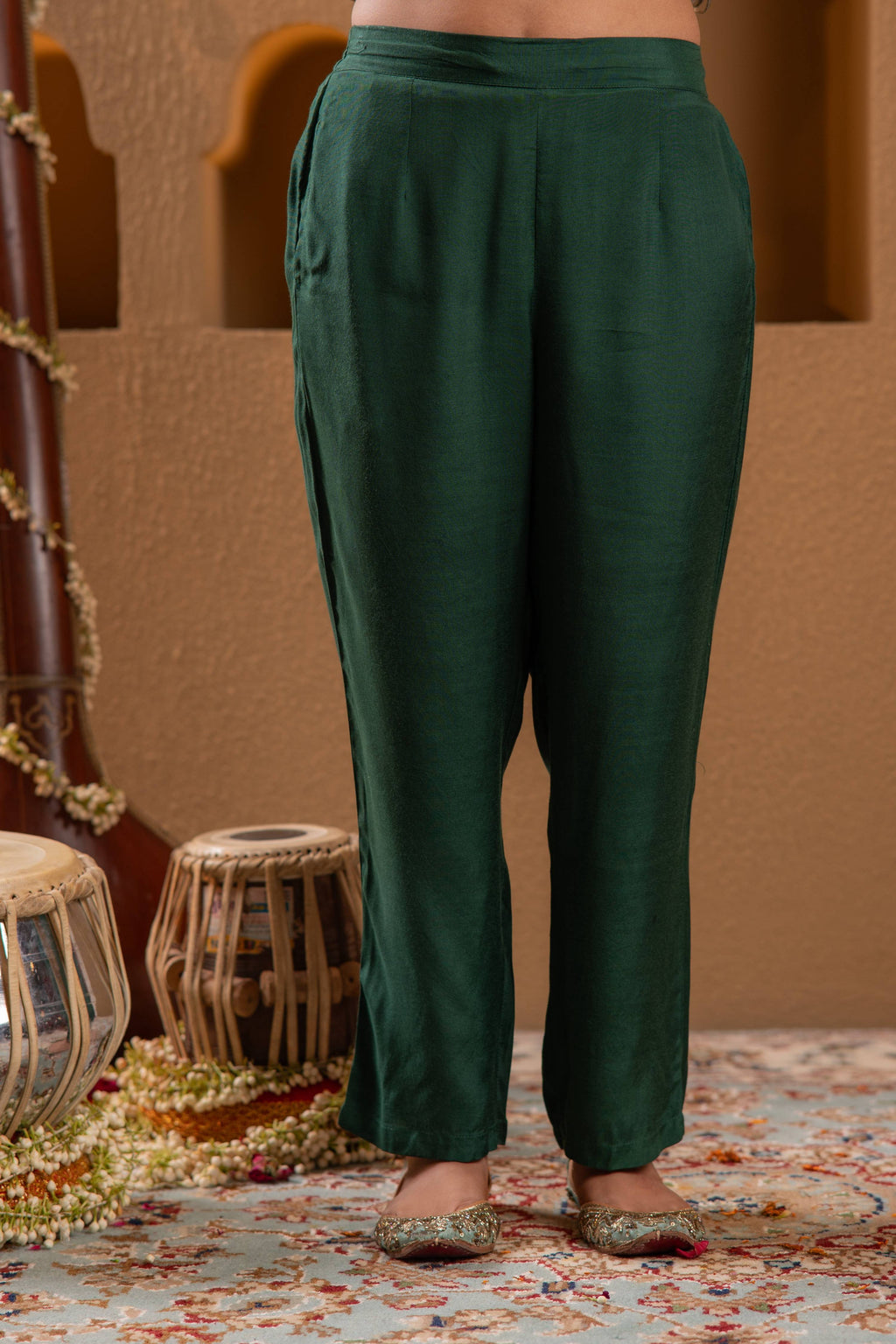 Juniper Bottle Green Viscose Straight Kurta With Pants & Dupatta Set With Zari & Sequence Work - Distacart