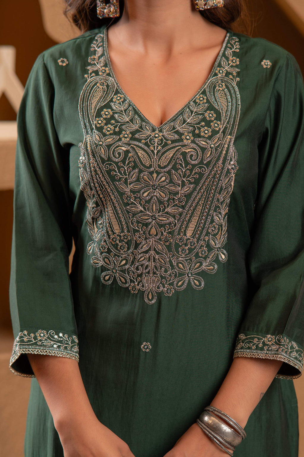Juniper Bottle Green Viscose Straight Kurta With Pants & Dupatta Set With Zari & Sequence Work - Distacart