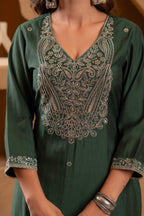 Juniper Bottle Green Viscose Straight Kurta With Pants & Dupatta Set With Zari & Sequence Work - Distacart