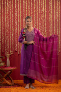 Juniper Purple Embroidered Straight Kurta With Pant & Striped Dupatta - Distacart