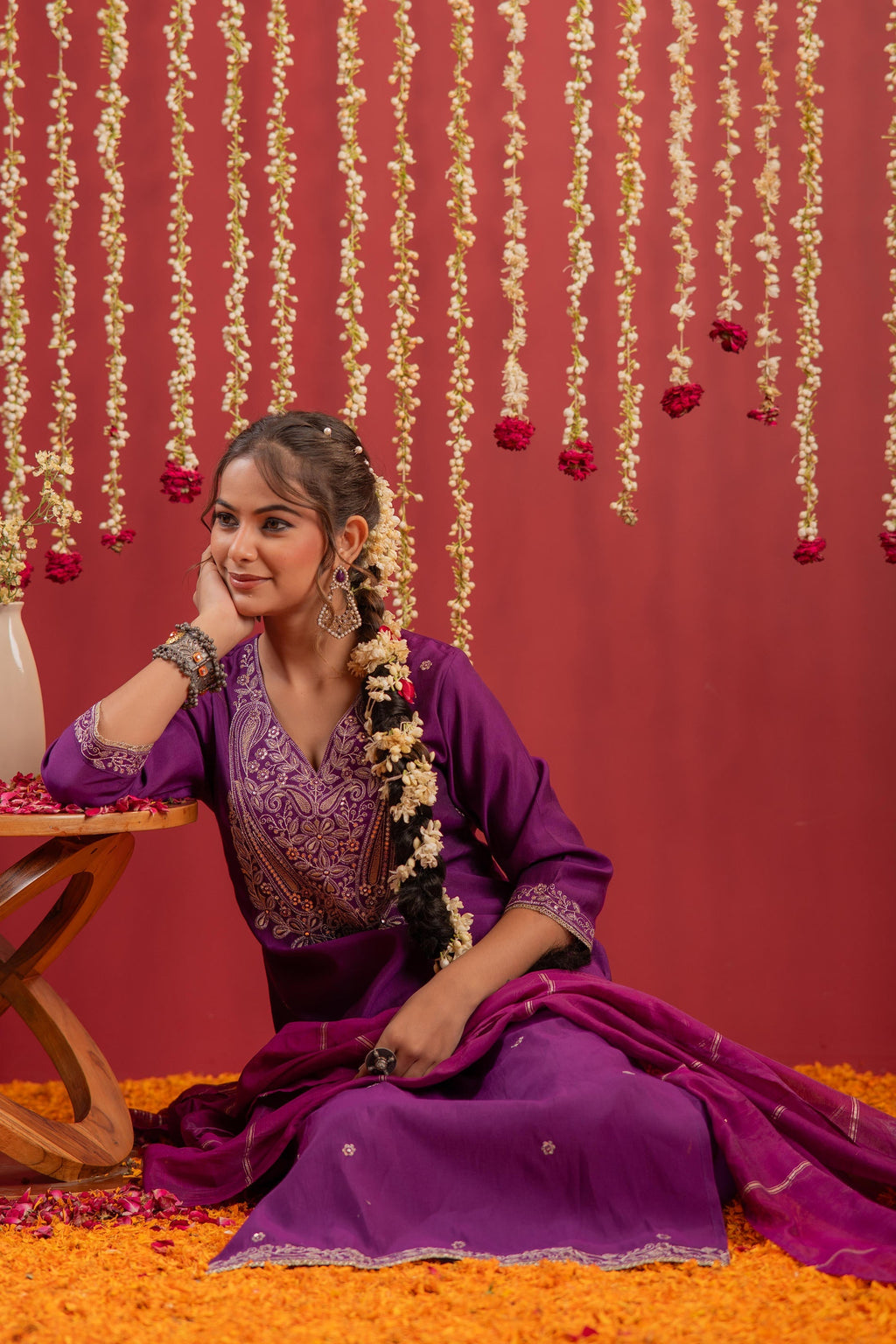 Juniper Purple Embroidered Straight Kurta With Pant & Striped Dupatta - Distacart