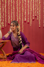 Juniper Purple Embroidered Straight Kurta With Pant & Striped Dupatta - Distacart