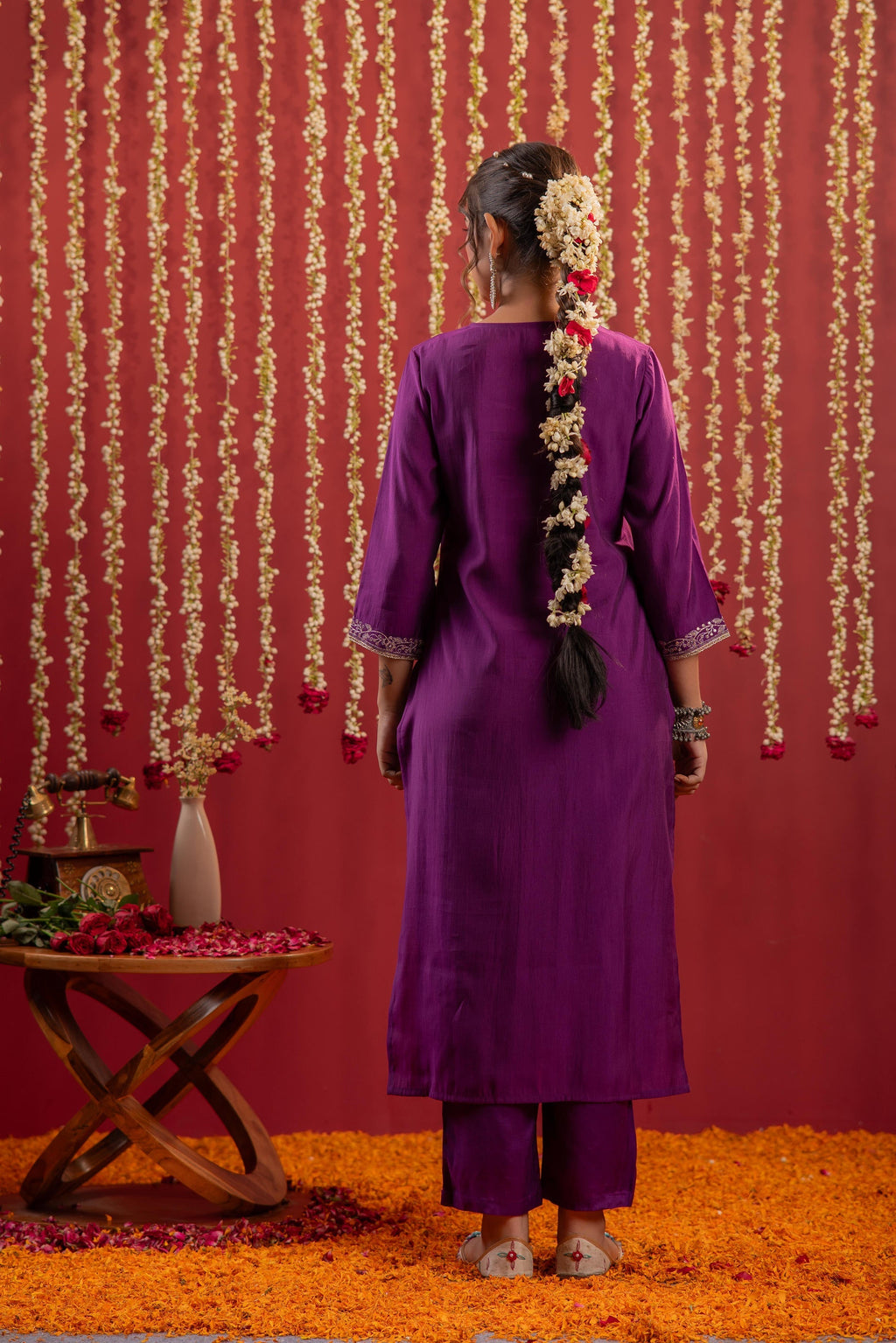 Juniper Purple Embroidered Straight Kurta With Pant & Striped Dupatta - Distacart