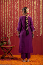 Juniper Purple Embroidered Straight Kurta With Pant & Striped Dupatta - Distacart