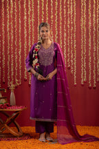 Juniper Purple Embroidered Straight Kurta With Pant & Striped Dupatta - Distacart