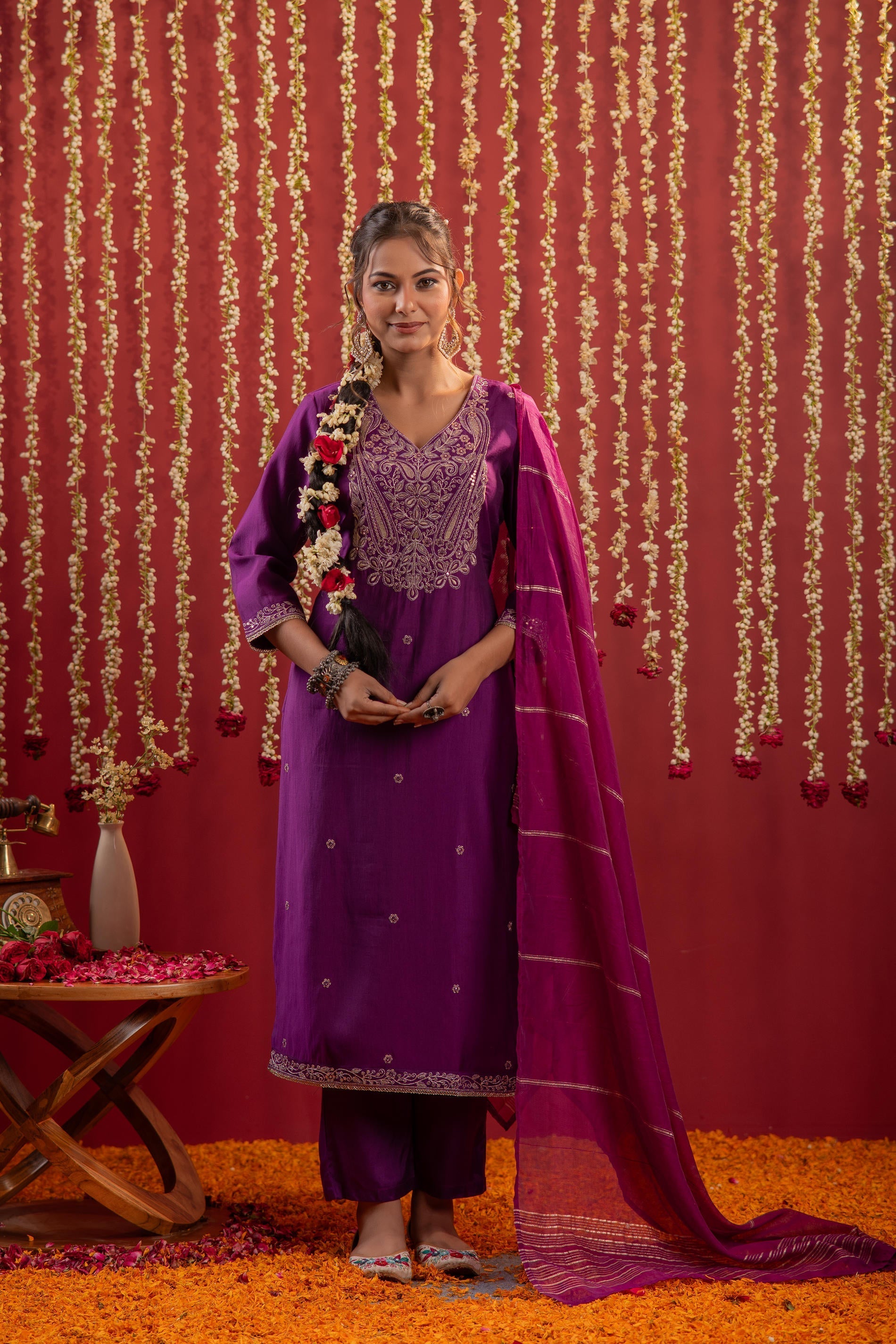 Juniper Purple Embroidered Straight Kurta With Pant & Striped Dupatta - Distacart