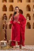 Juniper Red Embroidered Straight Kurta With Pant & Striped Dupatta - Distacart