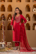 Juniper Red Embroidered Straight Kurta With Pant & Striped Dupatta - Distacart